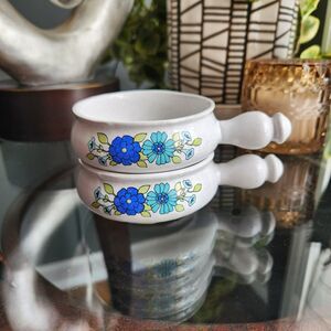 Set of 2 Vtg ROYAL SEALY Japan Stoneware Handled Crock Floral Dipping Pot Bowl